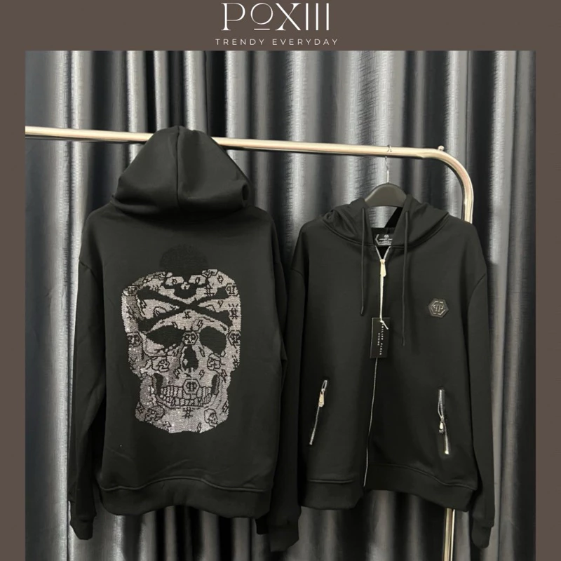 Áo Hoodie Zip Phi Lip Đính Đá Lưng Nỉ Chân Cua Tem Sườn Logo - Áo Khoác Có Mũ Nam Nữ Vải Dày Dặn