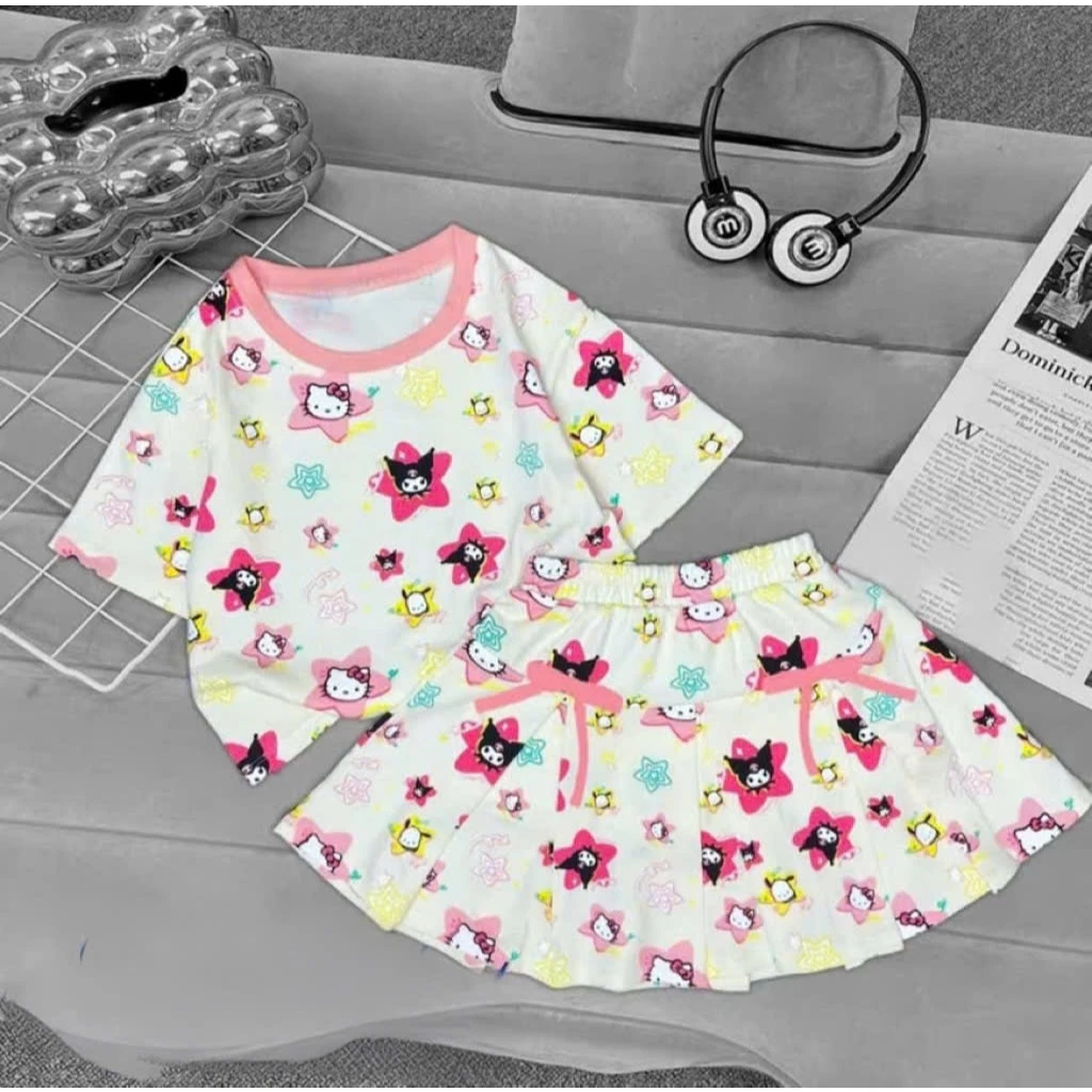 (Có Lót Trong ) Sét Váy Xếp Ly Phối Hoạ Tiết KUROMI Dễ Thương Chất Liệu Cotton Thoáng Mát Cho Bé Gái 9-35kg