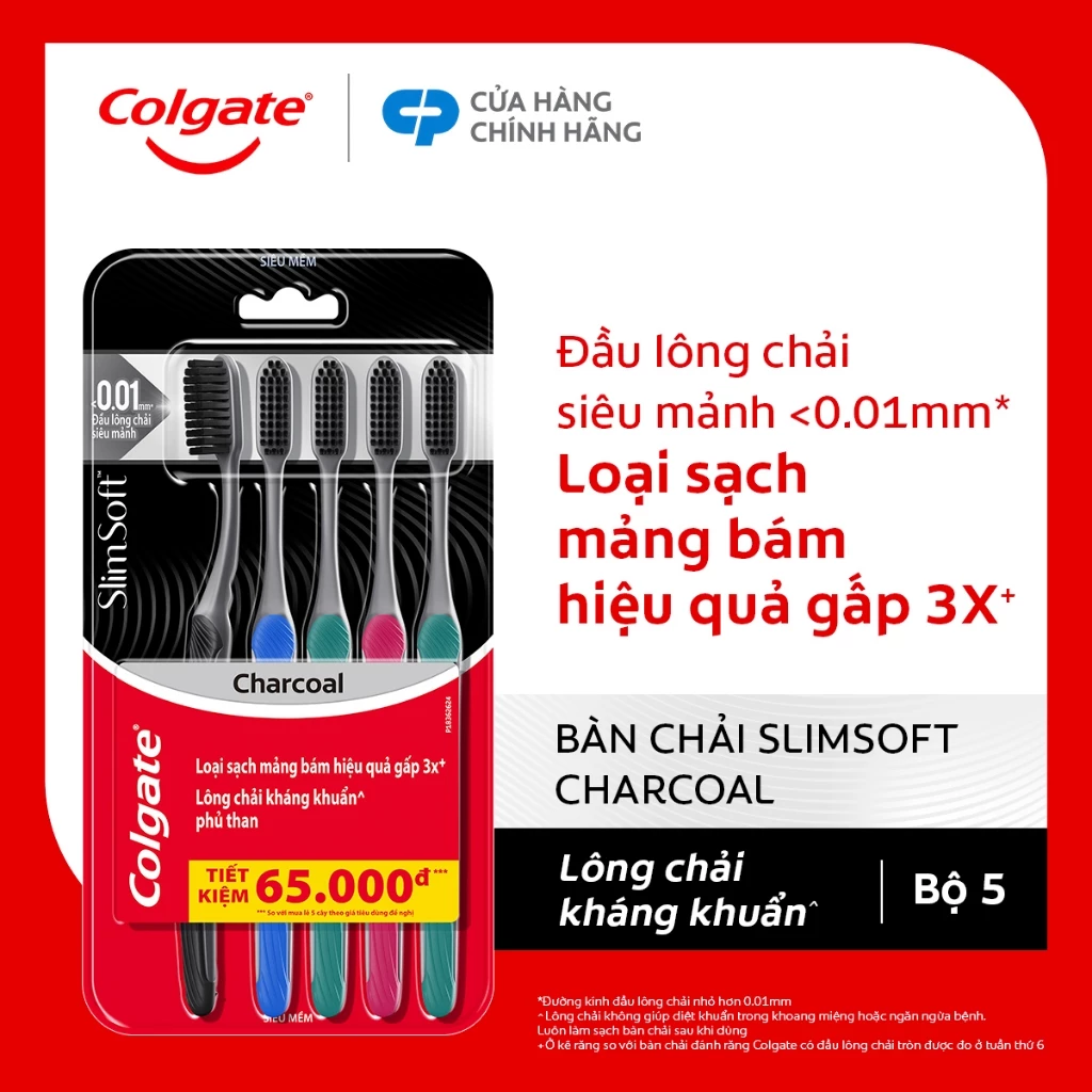 [Livestream] Bộ 5 Bàn chải đánh răng Colgate than hoạt tính kháng khuẩn SlimSoft Charcoal mềm mảnh