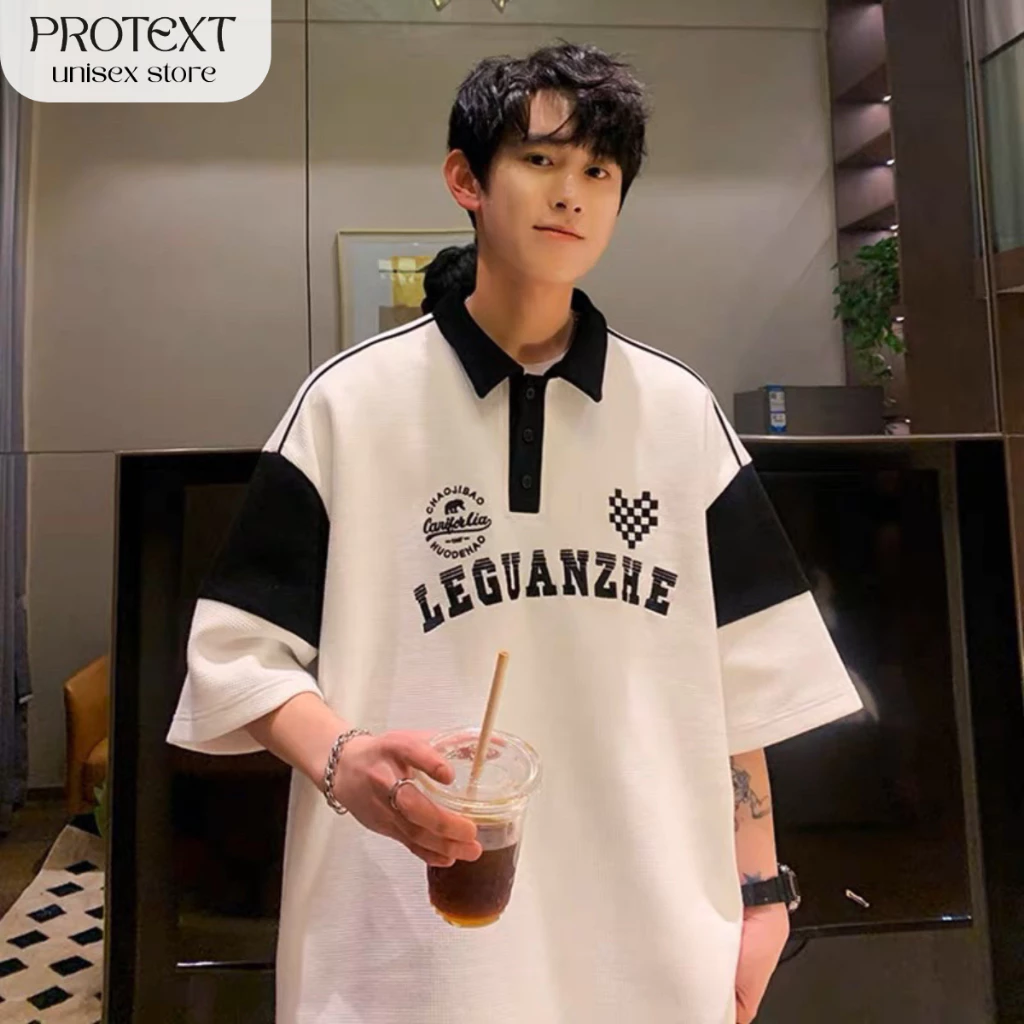 Áo Polo Vải Tổ Ong Cao Cấp Phối Tay In Chữ Cá Tính Thời Trang Unisex Trẻ Trung Dáng Rộng Năng Động