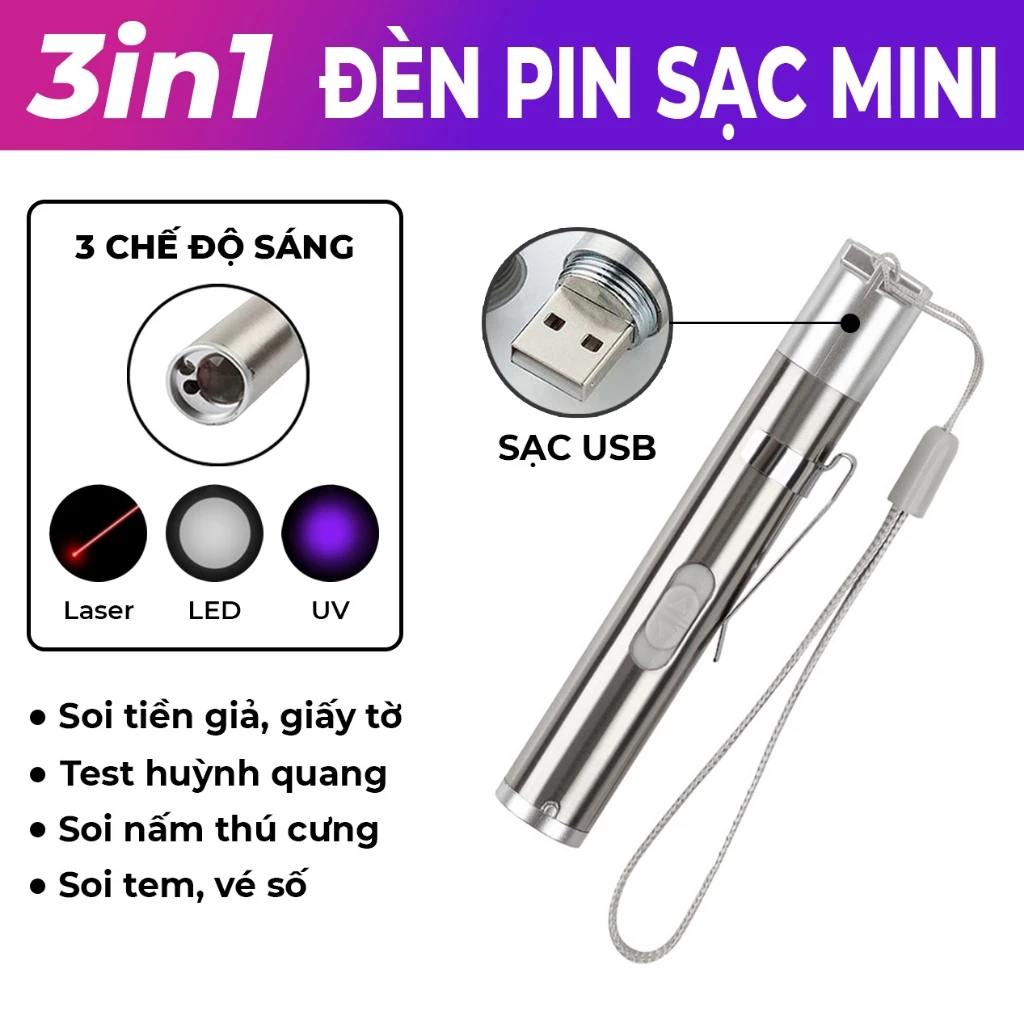 Đèn Pin Mini Siêu Sáng 3 Chế Độ Sáng Pin Sạc USB ( Đèn UV Led Laser Soi Huỳnh Quang Thật Giả )
