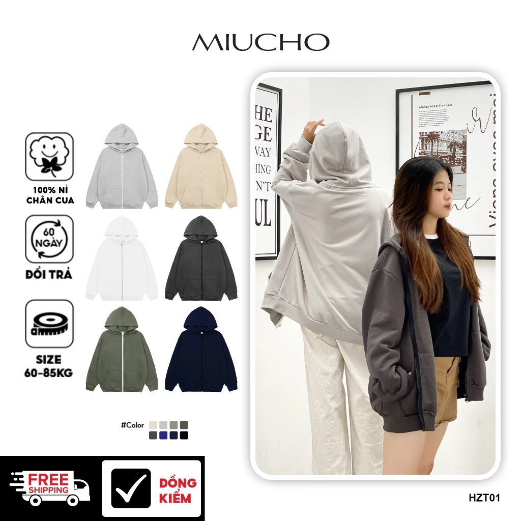 Áo Khoác Hoodie Zip Nữ Form Rộng MIUCHO Nỉ Chân Cua Thoáng Mát Dày Dặn Giữ Ấm Hiệu Quả HZT01
