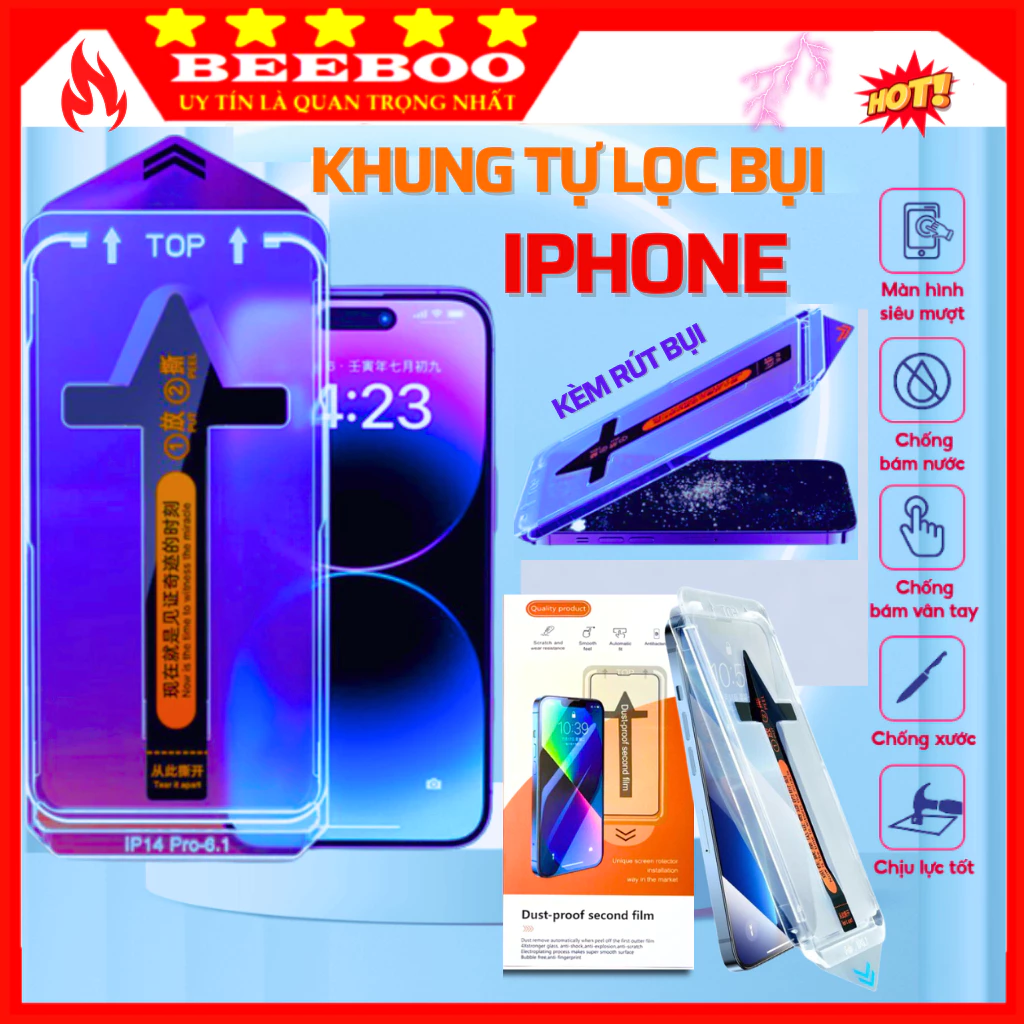 Kính Cường Lực Khung Tự Rút Bụi Cho Iphone 18Pro Max 17 Pro Max 16 15 Plus 14 Pro Max 13 12 11 Pro Xs Max XR X-Full màn