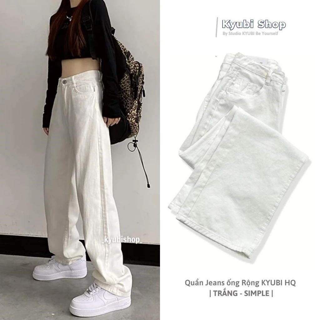 Quần jean kaki nữ ống rộng dáng suông cạp cao màu nâu tây be trắng (có bigsize) - quần jeans ống đứng trơn KYUBI JR21W