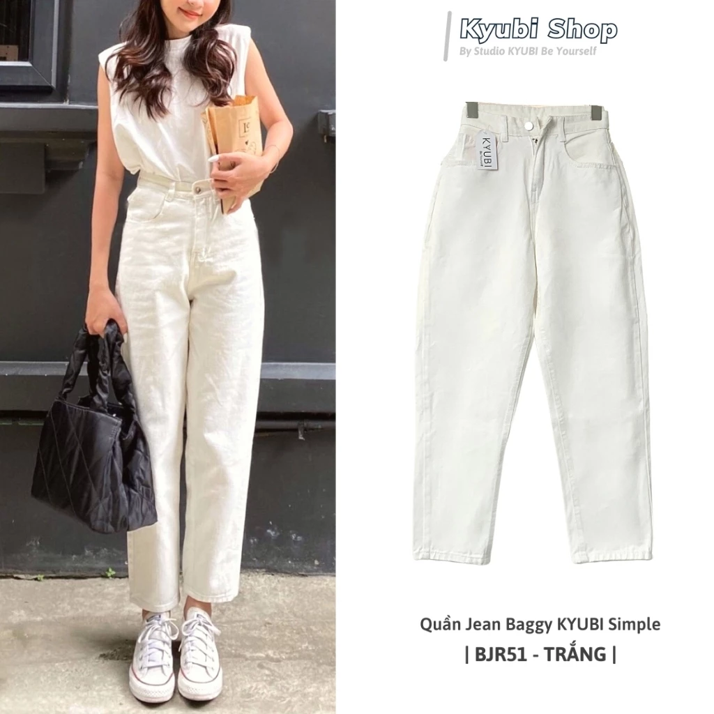 Quần jean trắng nữ baggy cạp lưng cao dáng hàn quốc ulzzang (Nhiều màu, có bigsize) - quần baggy jeans bò KYUBI JG51W