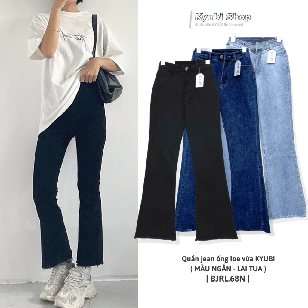 Quần jean ống loe vừa 9 tấc lưng cao KYUBI, quần bò ống loe dáng lỡ ngắn jean co dãn 4 chiều cao cấp dày dặn - JL39