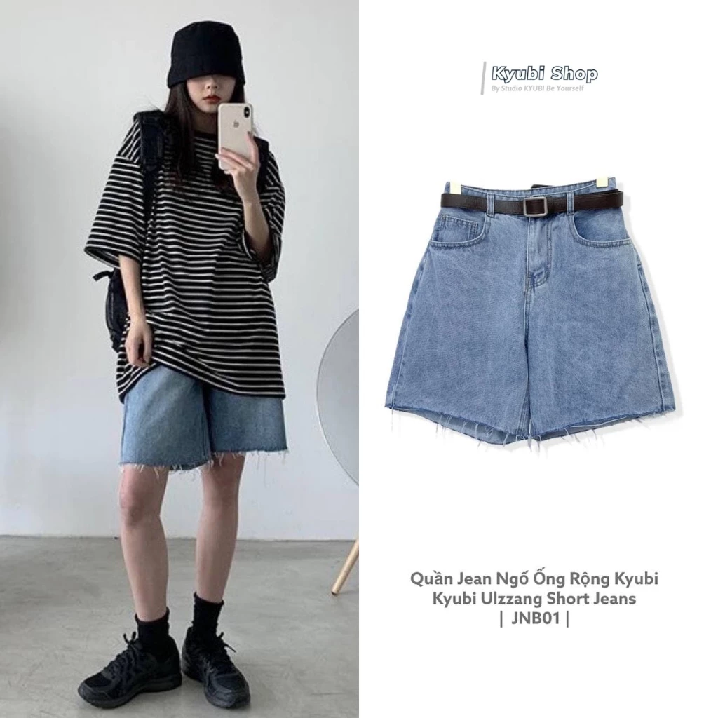 Quần jean ngố lửng nữ Ulzzang ống rộng Kyubi Ulzzang cắt lai tua (Có Bigsize ) - Short Jean Ngố Kyubi JN21X