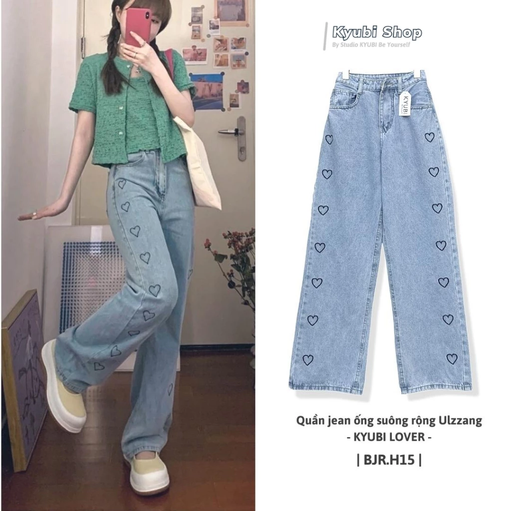Quần jeans nữ suông cạp cao ulzzang KYUBI LOVER - quần jean ống rộng lưng cao Kyubi BJR15