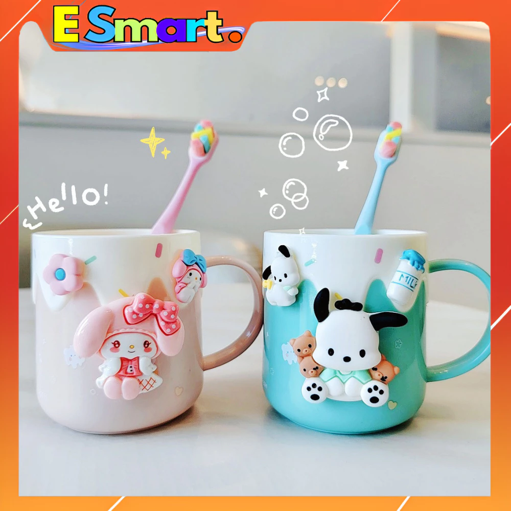 Cốc Uống Nước Súc Miệng Kuromi / Melody In 3D Kèm Bàn Chải Đánh Răng Cao Cấp Tặng Kèm Sticker Chất Liệu An Toàn Cho Bé