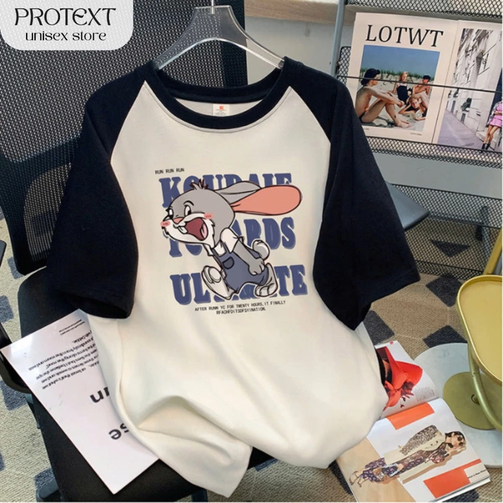 Áo Thun Form Rộng Phối Màu In Hình Thỏ Xám Chất Cotton Co Cấp Thương Hiệu Thời Trang Protex