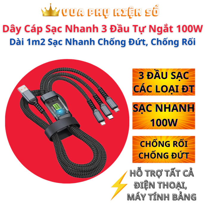 Cáp Sạc Nhanh , Dây Sạc Tự Ngắt Bọc Dù 100W Tích Hợp 3 Cổng Micro Usb Type C 3 In 1