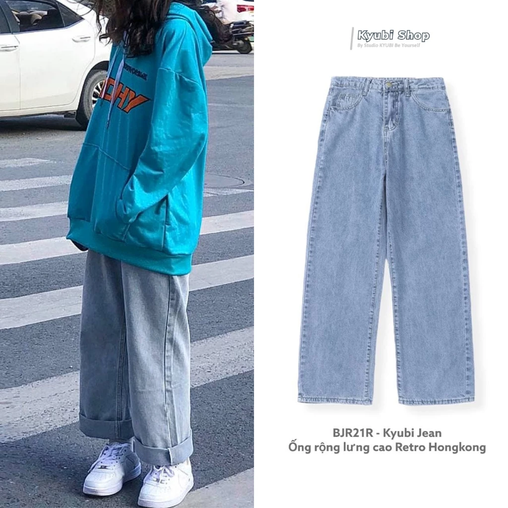 Quần Jean nữ ống rộng Ulzzang lưng cao phong cách Retro Jean xanh nhạt [Có Bigsize]- Jean Baggy Kyubi JR21F