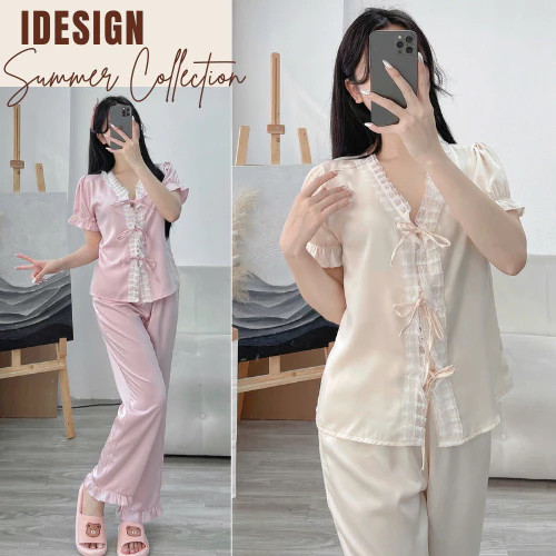 Bộ ngủ lụa nữ áo cộc quần dài, bộ pyjama lụa ngoc trai phối ren mềm mại thoáng mát