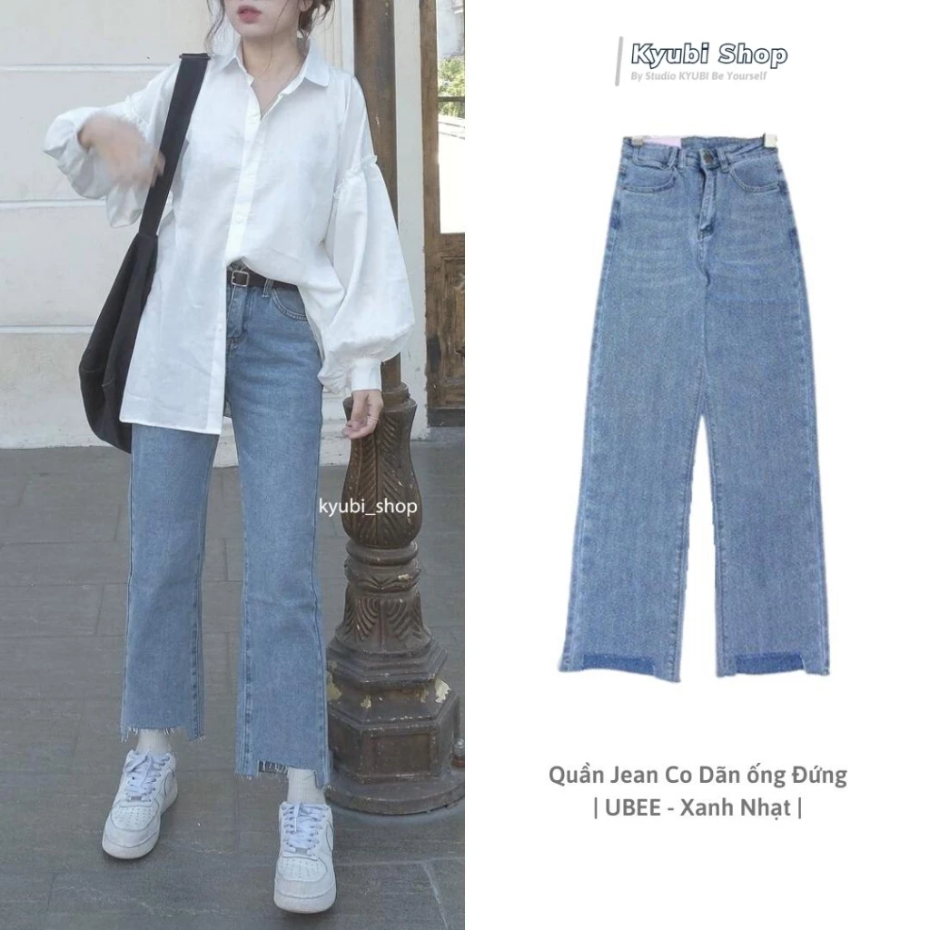 Quần Jean Nữ Ống Suông Đứng Cắt Gấu KYUBI Chất Bò Jeans Co Dãn Cao Cấp Dày Dặn (có bigsize) - UBEE