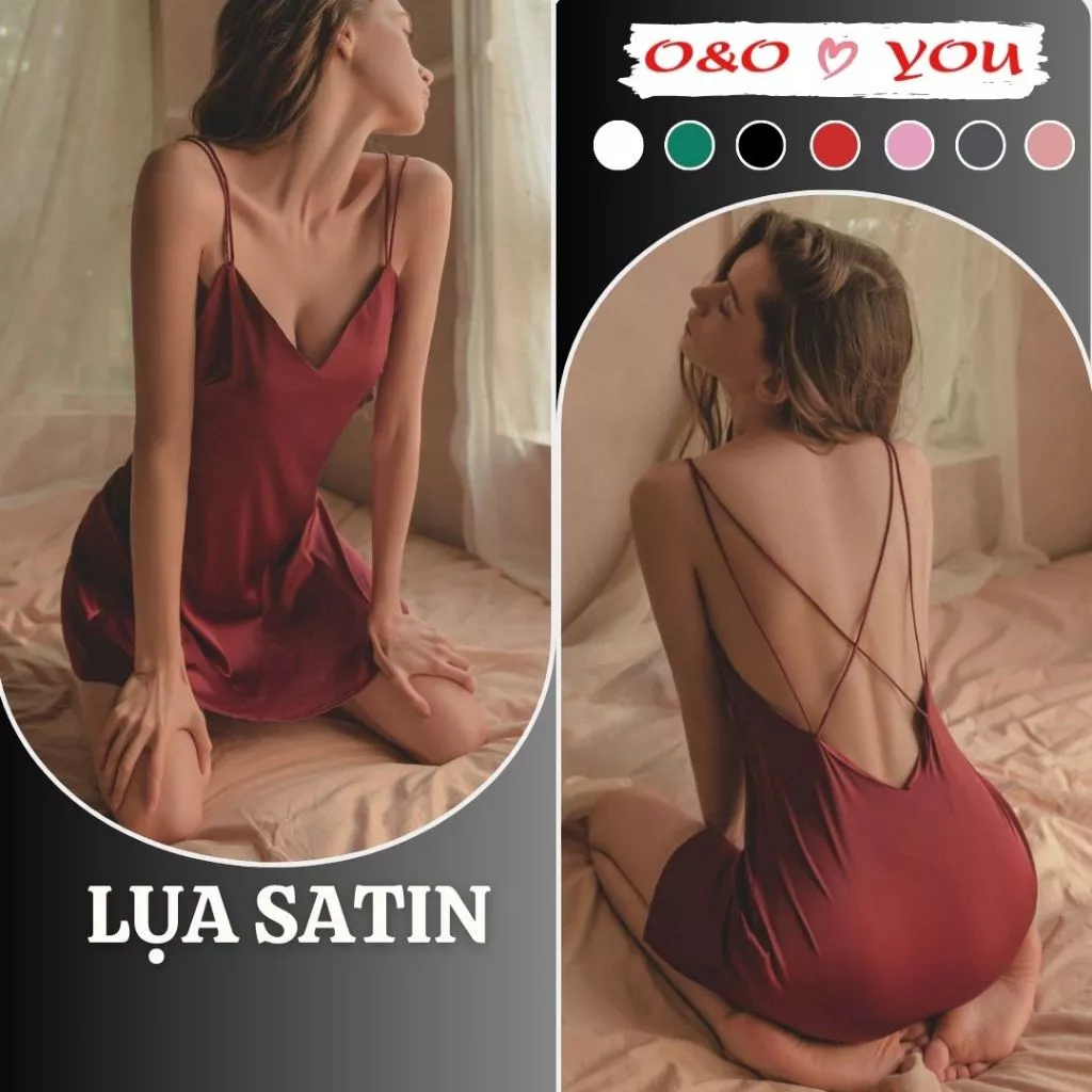 Đầm áo ngủ hai dây chéo liền thân chất liệu lụa satin cao cấp A12988 O&O mềm mại, thoáng mát