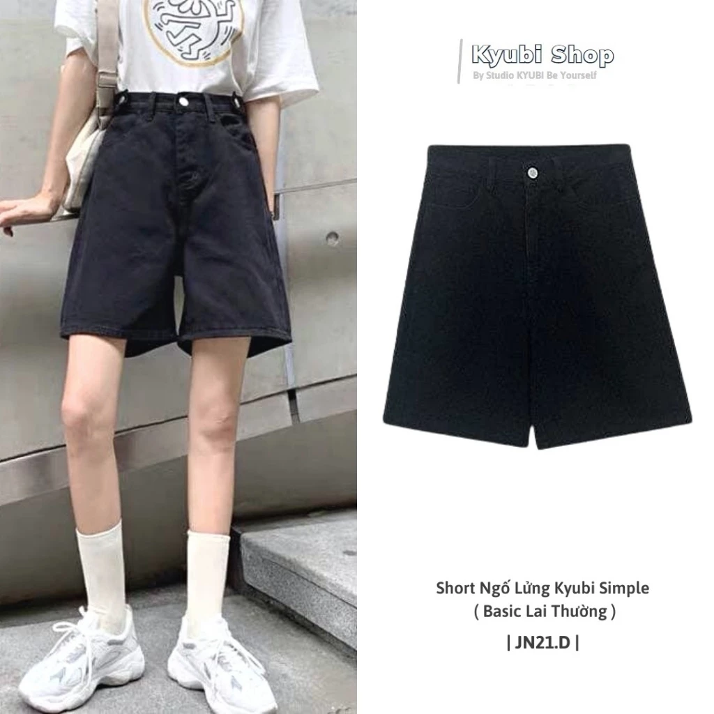Quần short jean kaki nữ lưng cao màu đen trắng xanh Ulzzang (Có bigsize)- Jean đùi ngố Kyubi JN21B