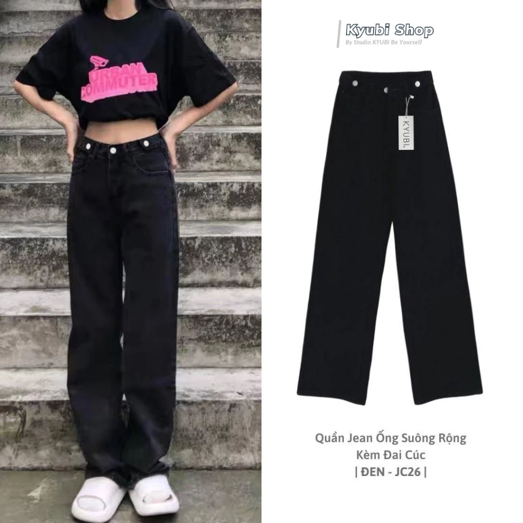Quần jean bò nữ ống rộng đen phong cách Retro School (Có Bigsize) - Quần jeans suông Kyubi JC26