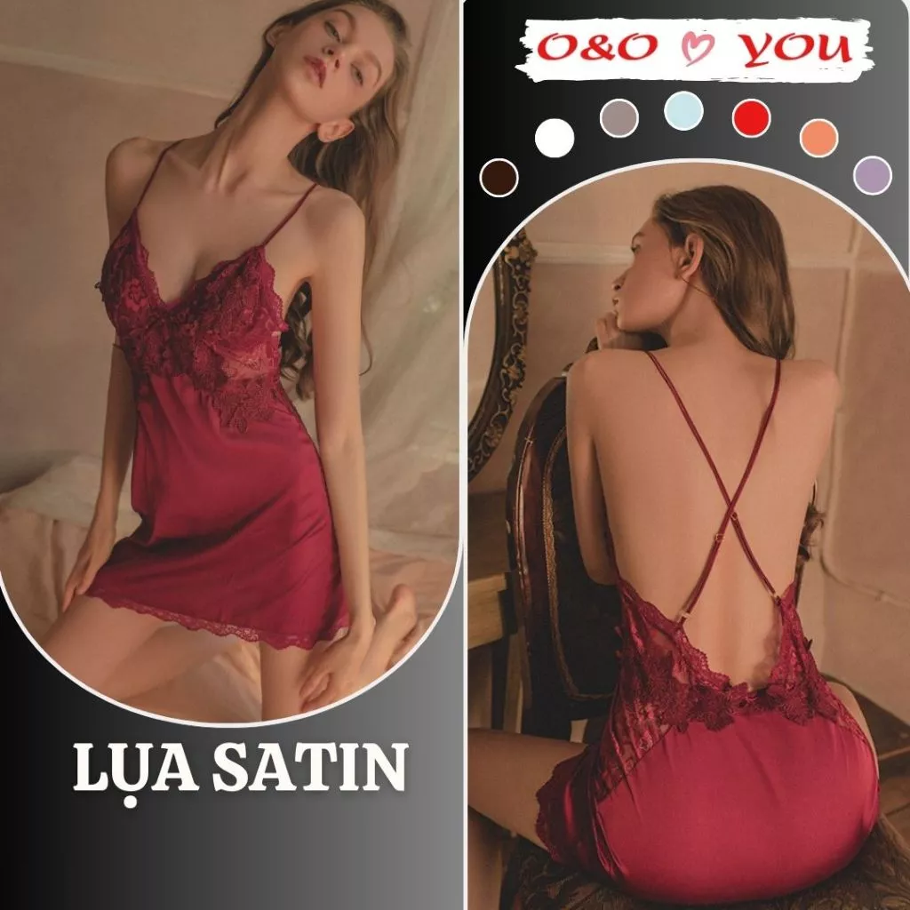 (Hỏa tốc che tên) Đầm váy ngủ có đệm lót 2 dây dáng xuông liền thân lụa ren satin A13088 O&O