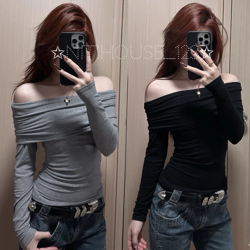 [LV] Áo lật bẹt vai tay dài 2 lớp dày dáng dài ôm body