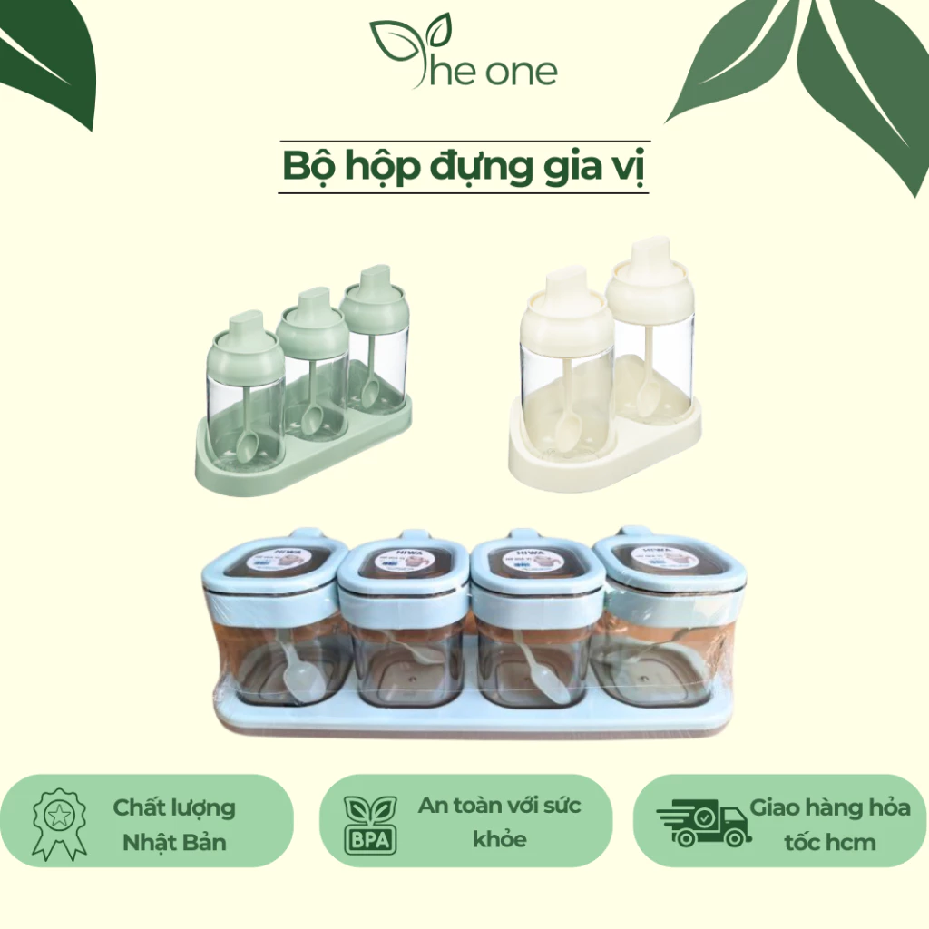 Bộ gia vị tritan Inochi, lọ gia vị kèm muỗng, có miếng dán tường, hũ gia vị nắp kín