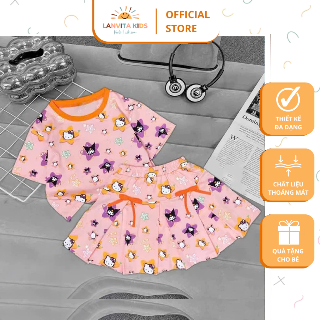 Bộ váy xếp ly bé gái in hình mèo đáng yêu 2025, chất liệu cotton mát mẻ, dễ thương, gồm áo và chân váy.