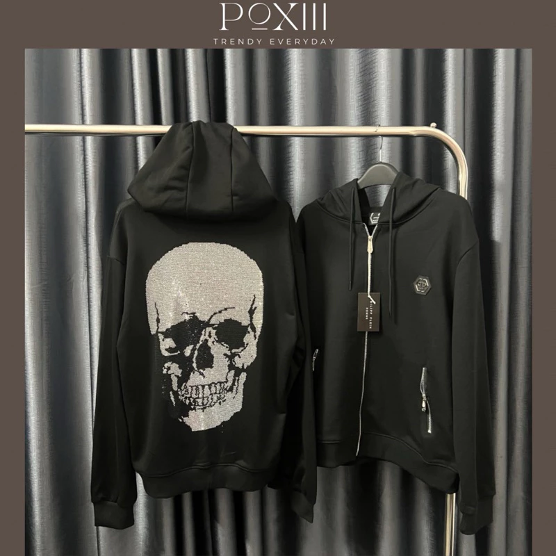Áo Hoodie Zip Phi Lip Ple Đính Đá Lưng Khoá Hãng Logo Da Thêu Tem Sườn - Áo Khoác Có Mũ Đính Đá Vải Nỉ Chân Cua Dày Dặn