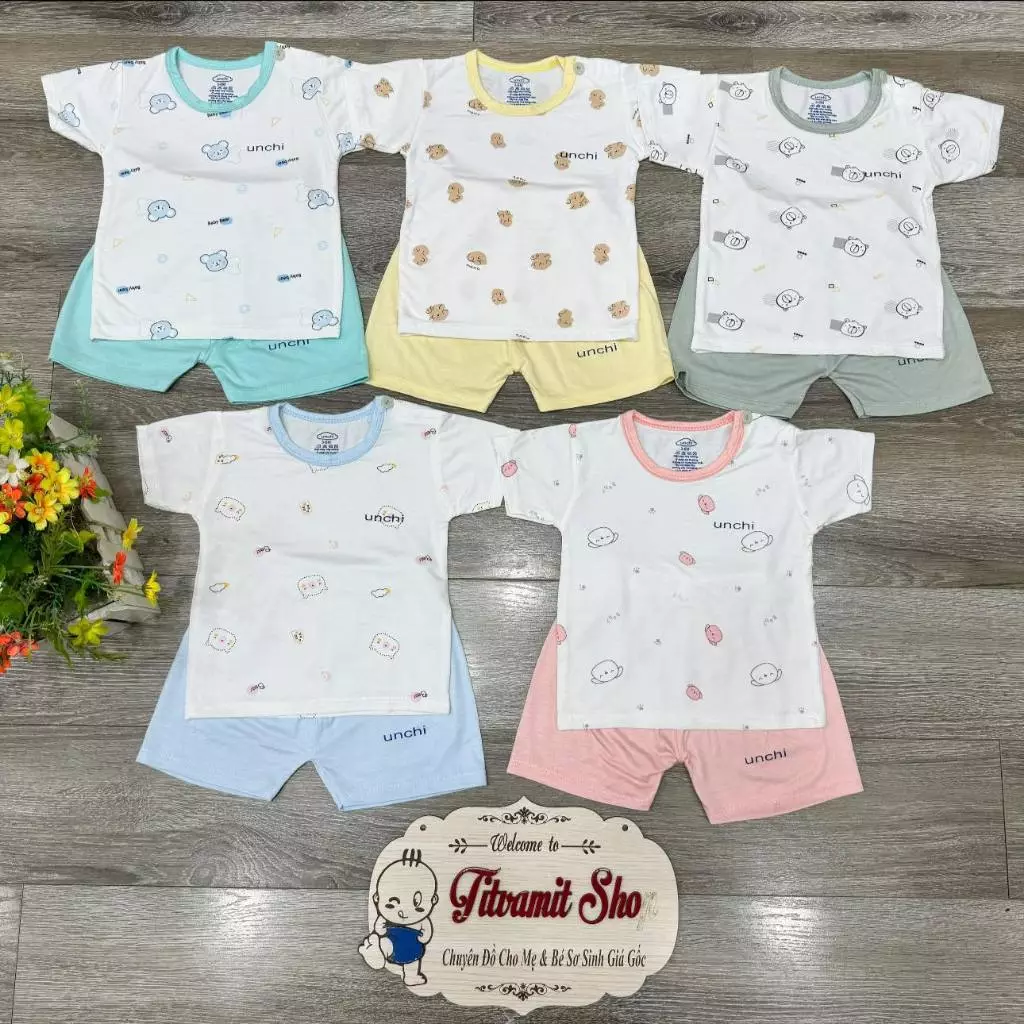 Bộ cộc unchi cài vai vải peptit áo trắng quần màu mềm mát co giãn 4 chiều