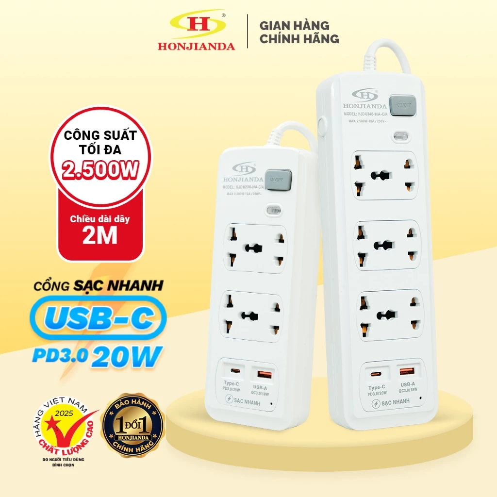 Ổ Cắm Điện Đa Năng HONJIANDA mã 02 Tích Hợp Sạc Nhanh TYPE-C USB PD20W, 2-8 Lỗ Chịu Tải 2500W, Dây Dài 2 mét