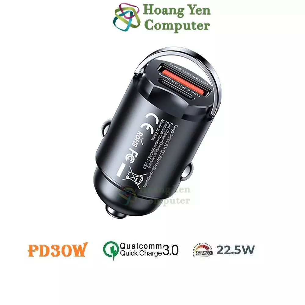 Cốc Sạc Nhanh Xe Hơi Remax RCC359 (2 Cổng Sạc - USB và Type C) | Tẩu sạc ô tô mini - Hoangyencomputer
