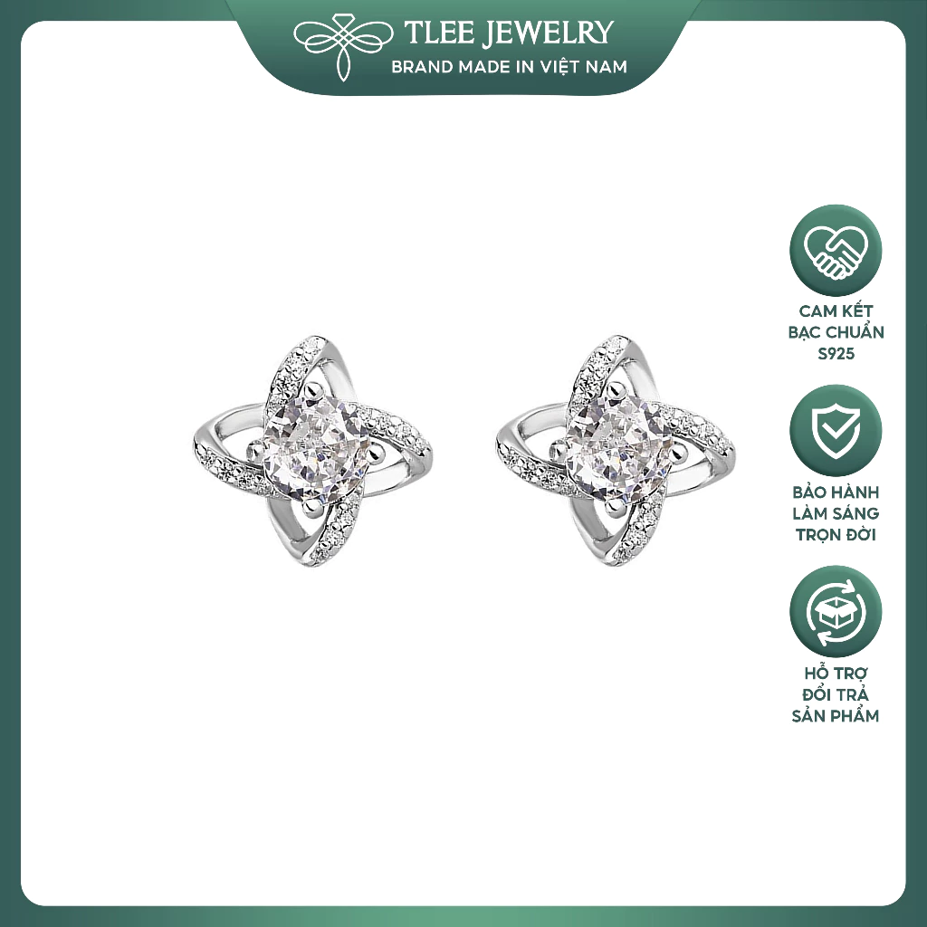 Khuyên tai bạc nữ TLEE cỏ bốn lá cánh hoa xoáy đính đá nữ tính TLEE JEWELRY B0417