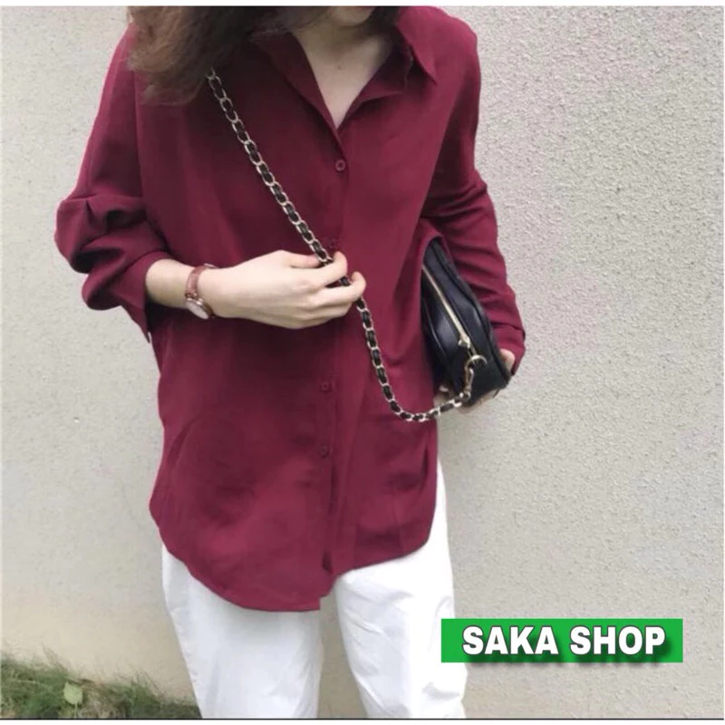 Áo sơ mi đỏ from rộng nữ dài tay vải cotton lạnh mềm mịn không nhăn