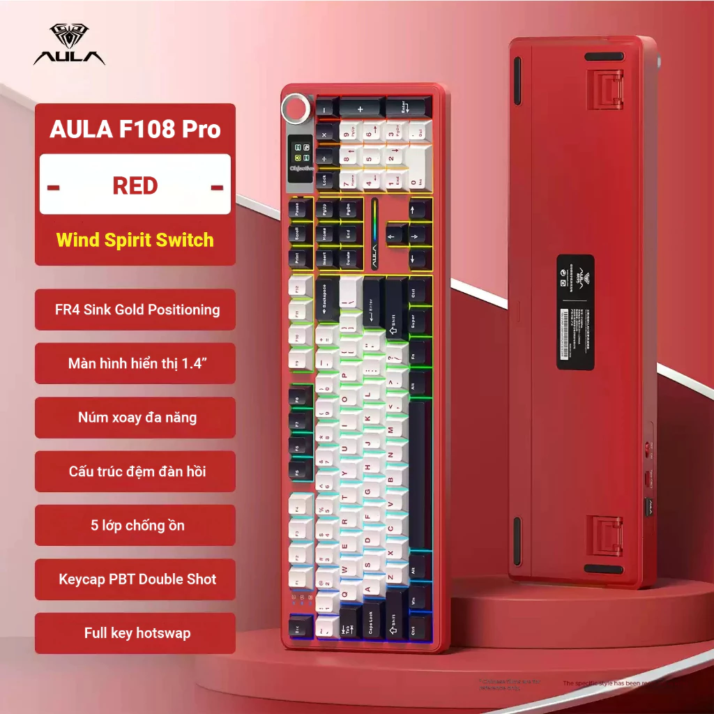Bàn phím cơ AULA F108Pro - 3 mode kết nối - Có núm xoay và màn - Pin 8000 mAh - BH 12T
