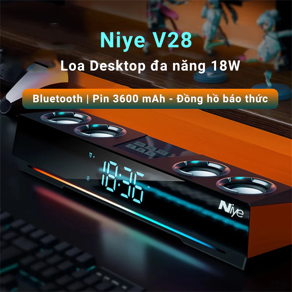 Loa desktop NIYE V28 bass mạnh - Công suất 18W - LED RGB và màn hình gương -3600 mAh - BH12T