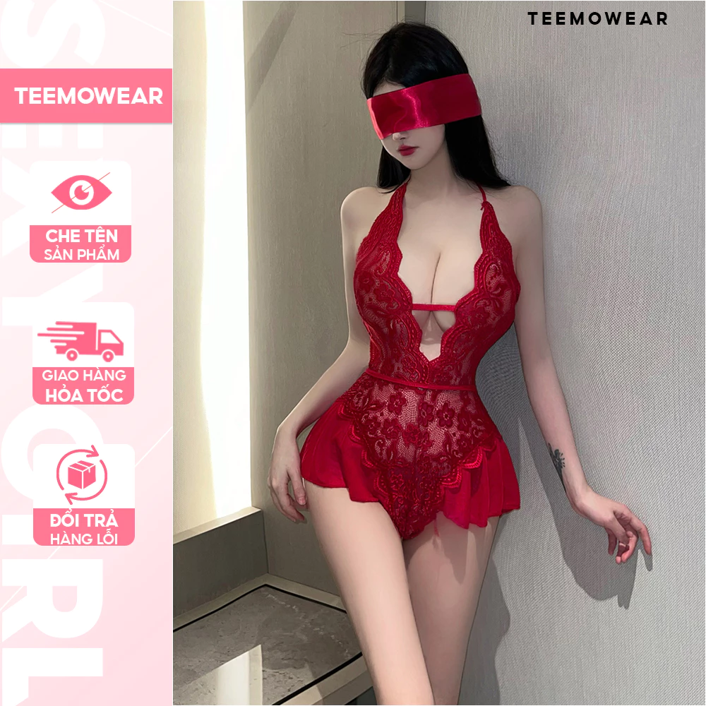 Bộ ngủ bodysuit sexy ren xuyên kiểu áo cổ yếm liền thân xẻ đáy quyến rũ JS14