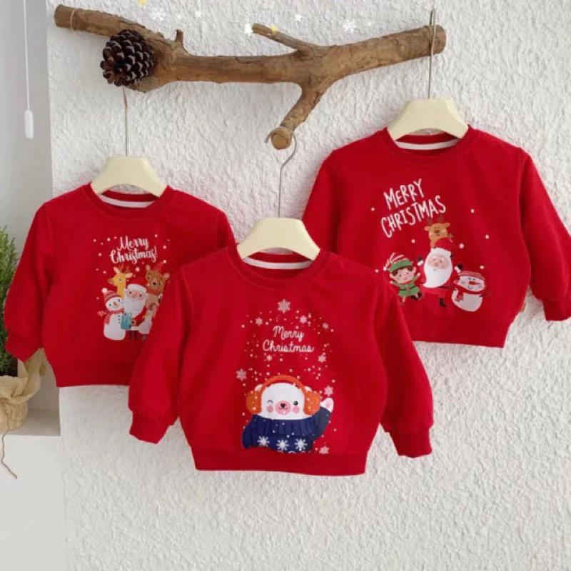 Áo noel cho bé trai bé gái 8-30kg sắc đỏ, áo noel tết cho bé, áo nỉ dài tay cho bé đi chơi tết, noel