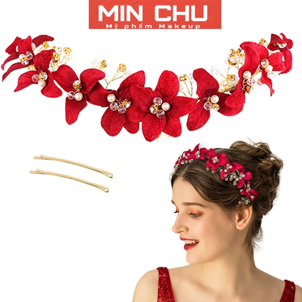 Mẫu cài tóc cô dâu màu đỏ, phụ kiện cài tóc cô dâu ngày cưới