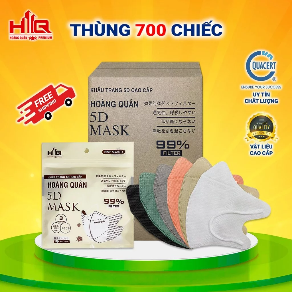 Khẩu Trang [ Thùng 600/700 Cái ] 5D Hoàng Quân Kháng Giọt , Bụi , Tia UV 3 Lớp Hàng Chính Hãng