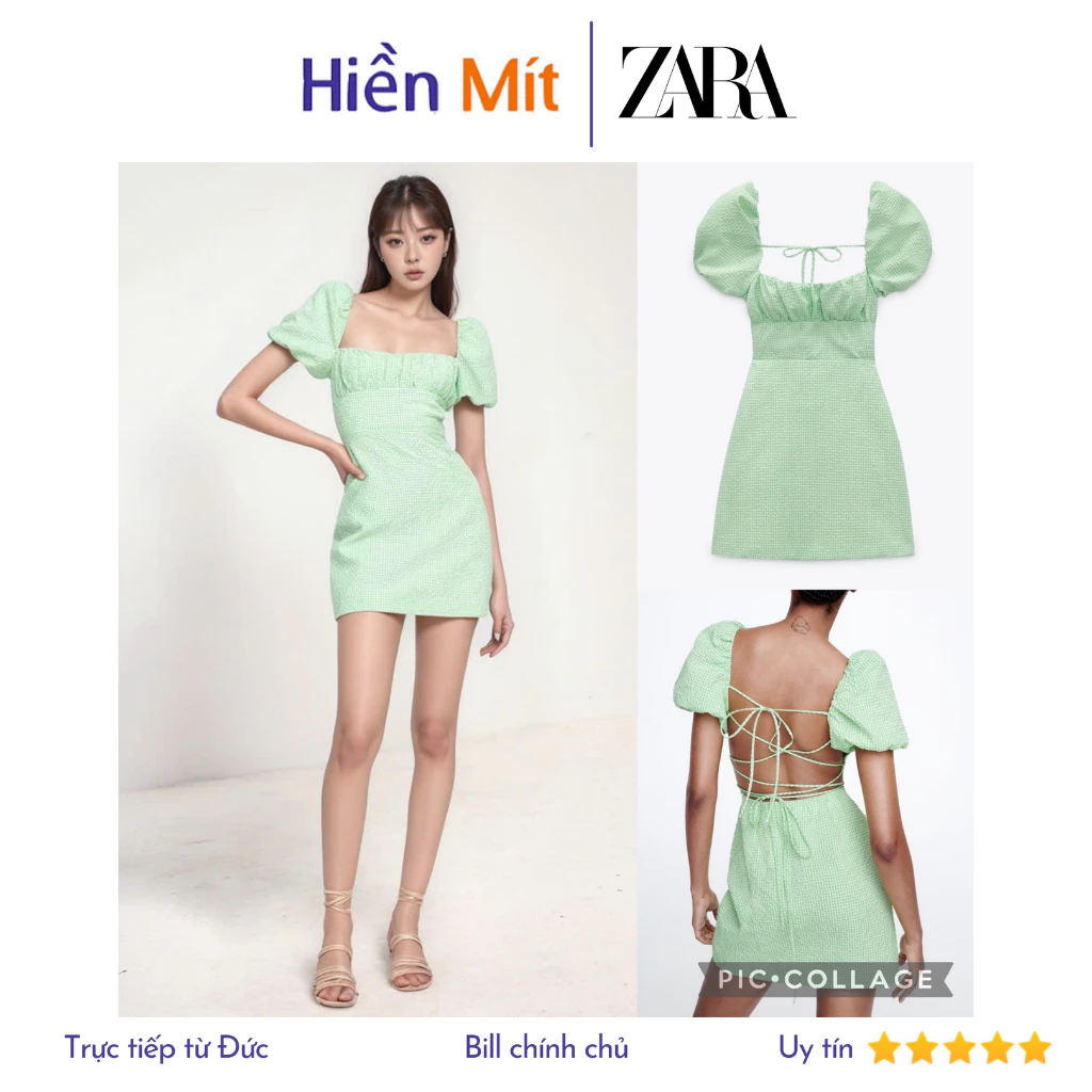 (Size XS, M) ZARA Đức - Đầm ngắn form ôm cổ vuông tay phồng ngắn sọc caro hở lưng  sale auth new tag có sẵn 7385/218