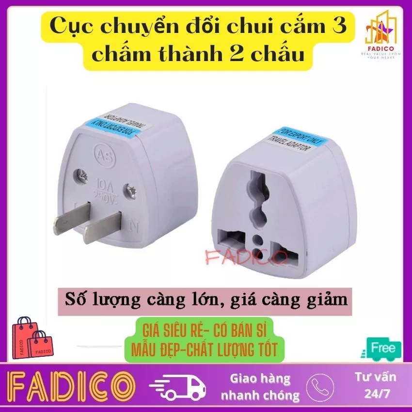 Sỉ Ổ Chuyển Đổi Phích Cắm Từ 3 Chân Sang 2 Chân,Cục chuyển đổi đầu cắm điện 3 Chấu thành 2 chấu Nguồn 220V-FADICO