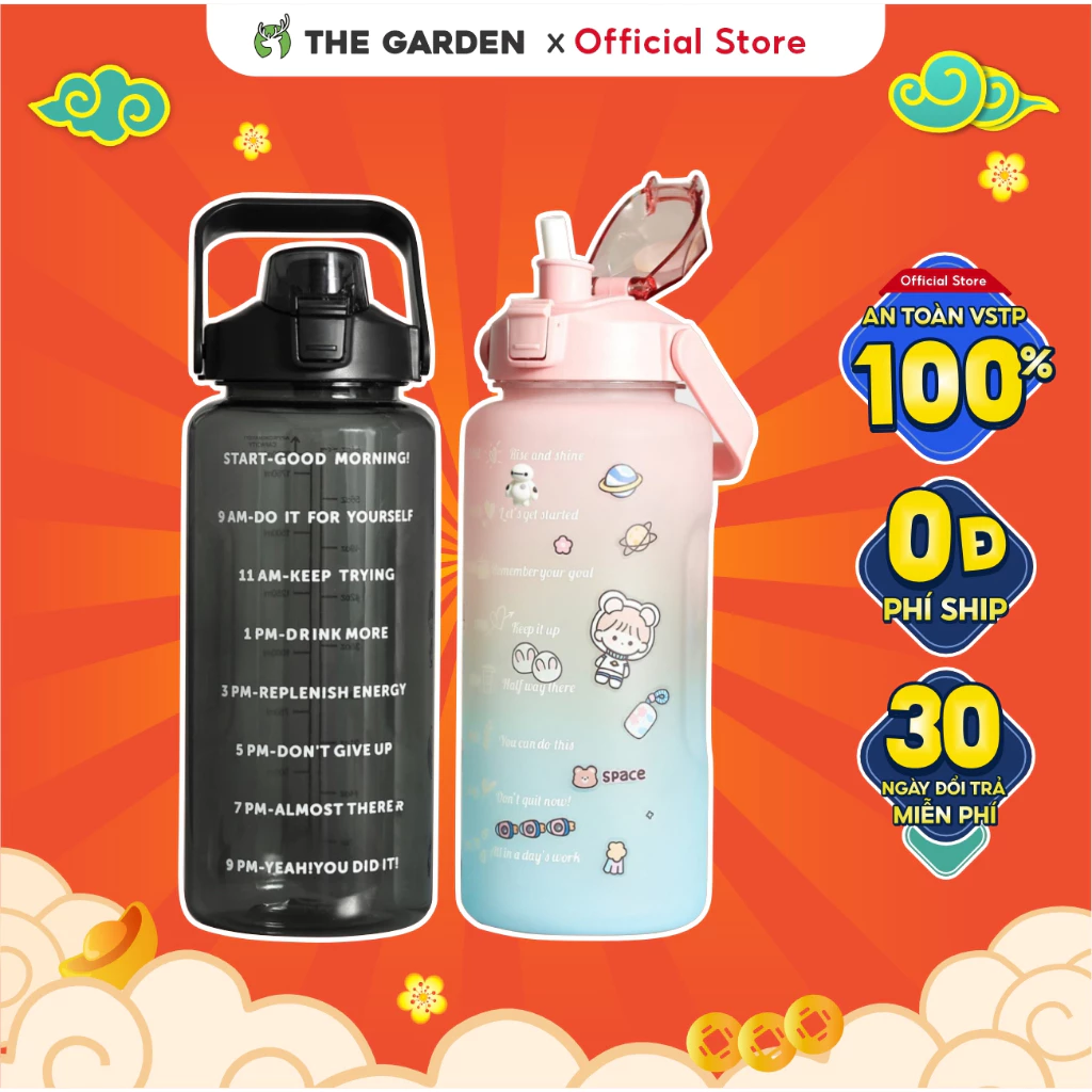 Bình nước bằng nhựa PC có ống hút tặng Sticker THE GARDEN IGWT X GREENBAR bình nước cute dung tích 1L hoặc 2L có ống hút