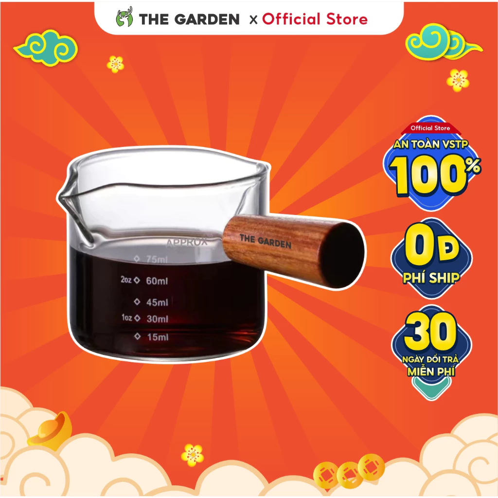 Cốc Thuỷ Tinh Cán Gỗ THE GARDEN dung tích 150ml ca đong Đong Cafe, Sữa, mật ong, espresso