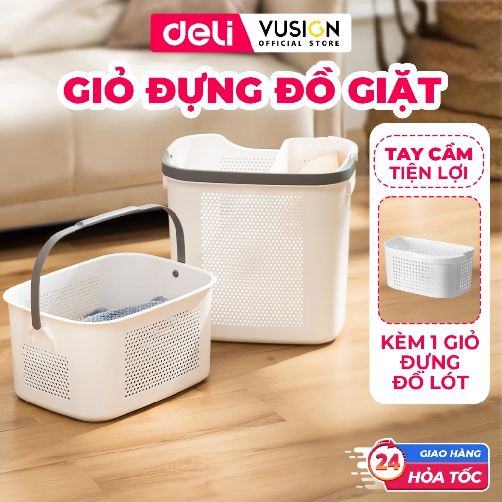 [1+1] Giỏ Đựng Đồ Giặt Deli Nhựa Dày Có Quai Xách - Sọt Đựng Quần Áo Đồ Bẩn Kèm Giỏ Mini Chia 2 Ngăn