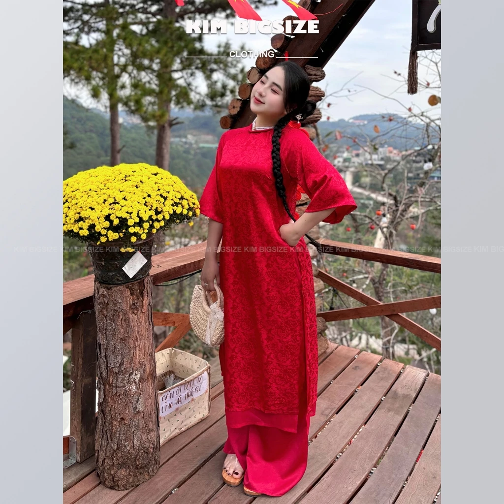 Áo dài nữ bigsize cách tân form suông 4 tà vải tơ thêu(55-90kg)