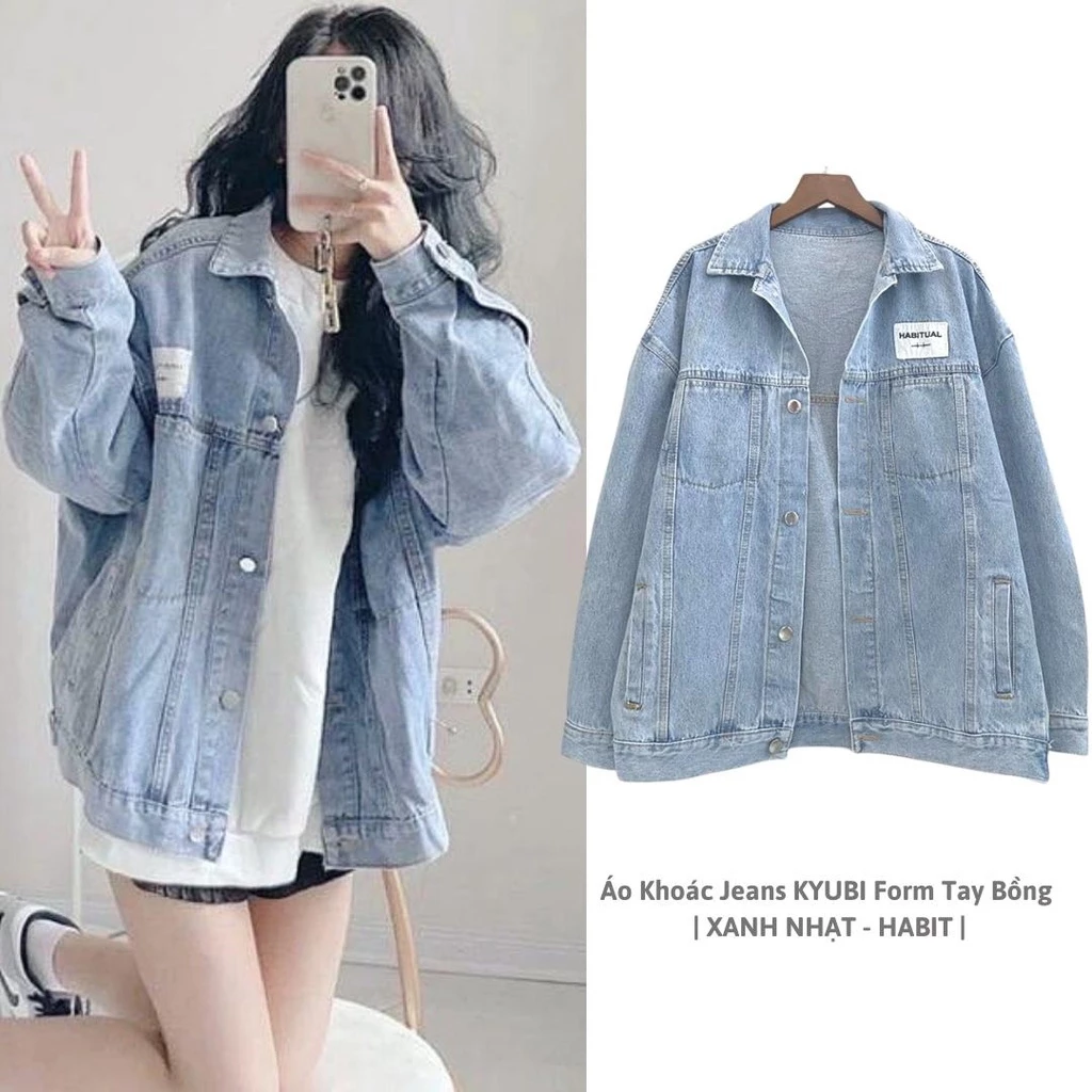 Áo Khoác Jeans KYUBI Form Rộng Tay Bồng QC Có Tag Thêu - Ulzzang Jean Jacket HABIT