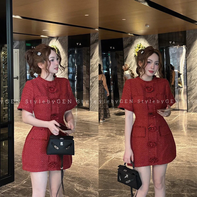 Váy Dạ Tweed Đỏ Tua Rua Đính Hoa Sang Chảnh Mặc Tết (Hàng Loại 1 Form Đẹp) Đầm Form A Tôn Dáng Sang Chảnh