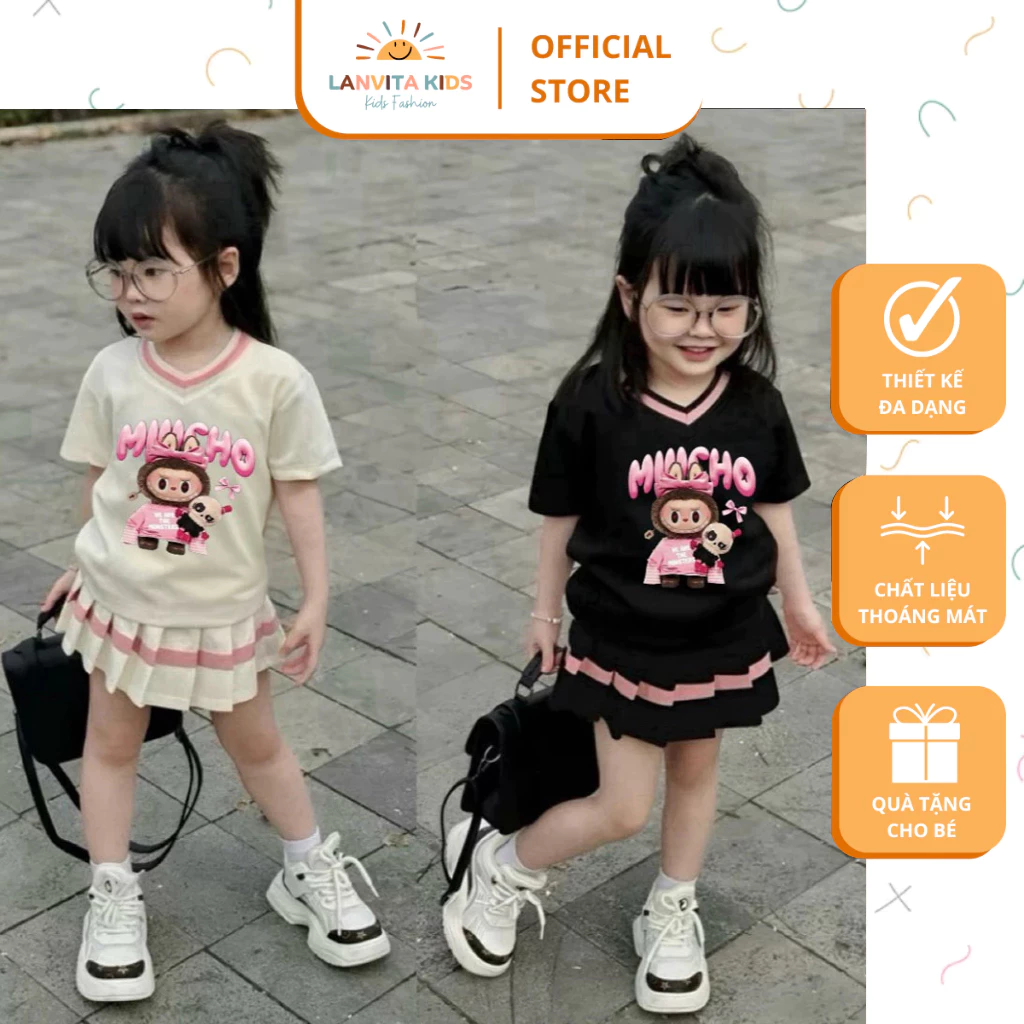 BỘ VÁY XẾP LY LABUBU CHO BÉ GÁI SIÊU ĐÁNG YÊU, VÁY CÓ LÓT QUẦN CÂN NẶNG TỪ 9-44KG.