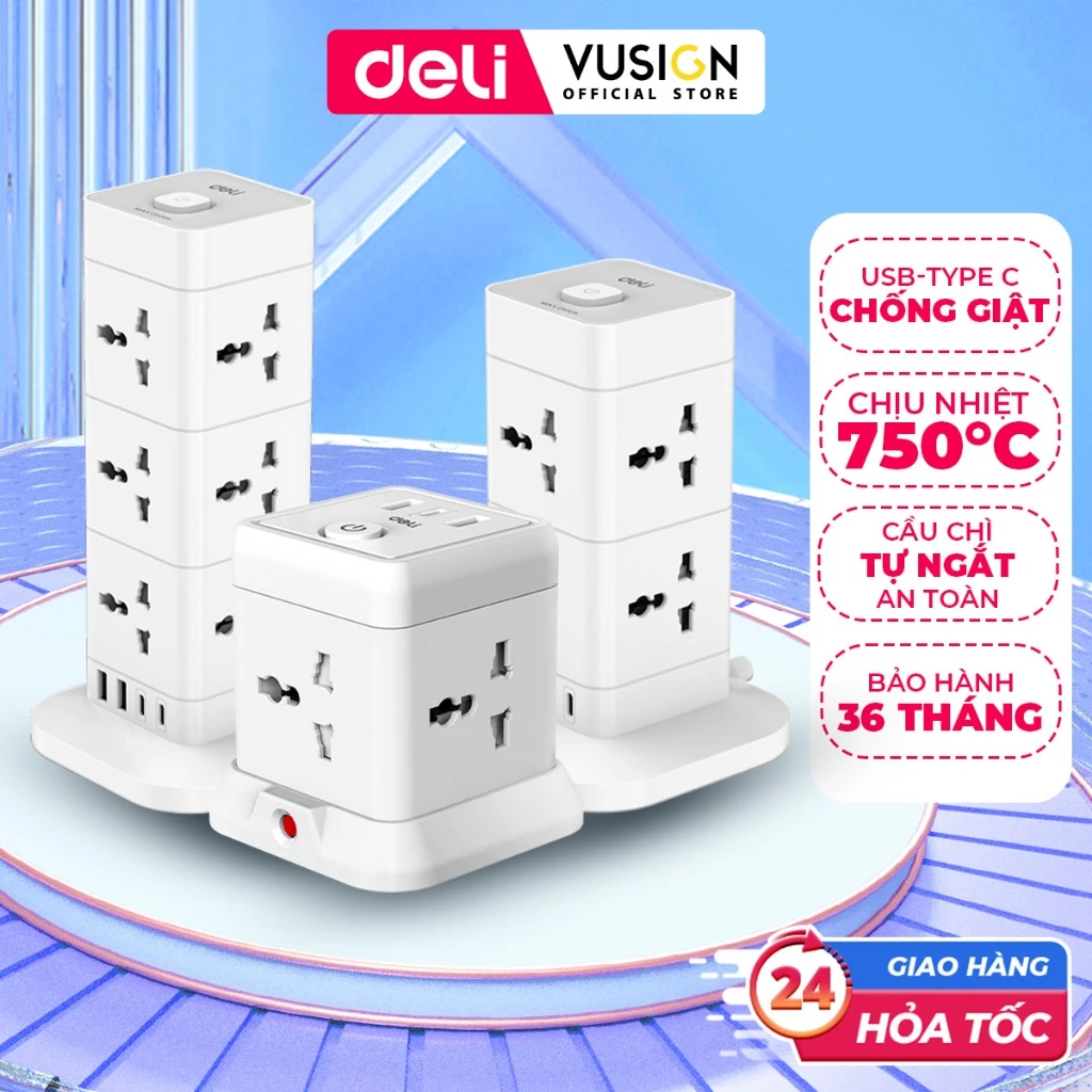 Ổ Cắm Điện Đa Năng DELI 3250W Ổ Điện Dáng Trụ Cổng USB Type C Sạc Nhanh 20W Từ 2-12 Lỗ Cắm, Có Cầu Chì Tự Ngắt