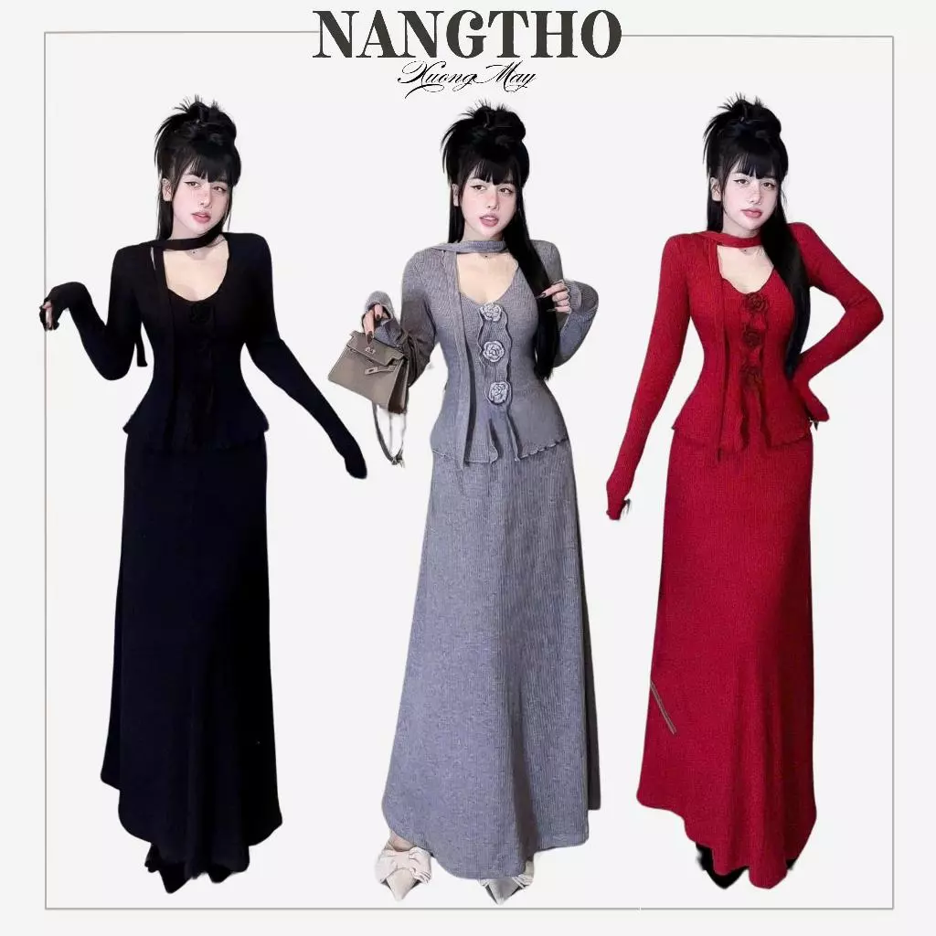 839 Bộ đồ tết Tay Dài Đính Hoa Len + C.Váy Dáng Xòe Thun Gân Co Giãn