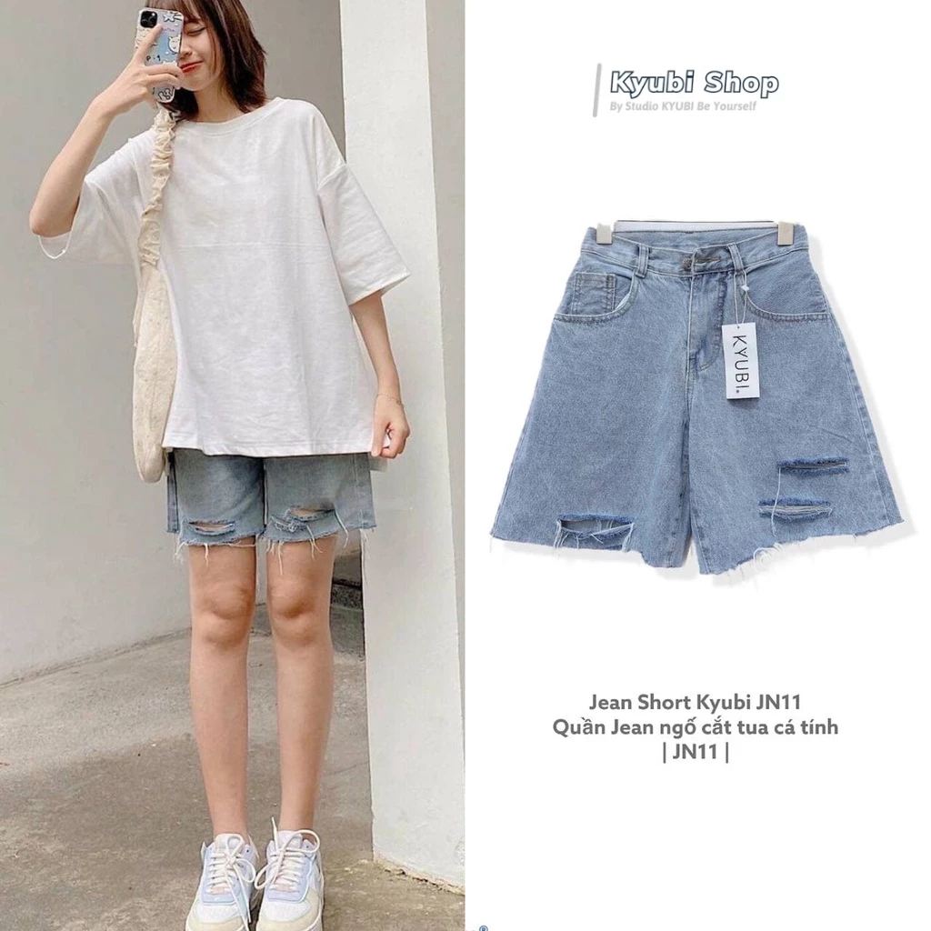Quần sọt jean ngố lửng nữ rách tua Kyubi Ulzzang form rộng (Có Bigsize, Size đại) - Quần Short Jean Kyubi JN21FC