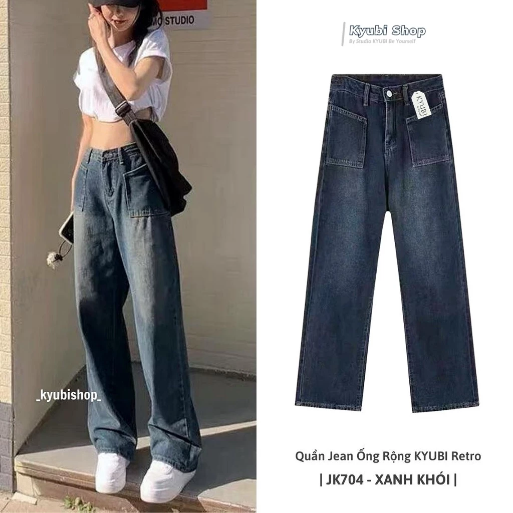 Quần bò nữ - quần jeans ống rộng lưng cao màu Xám Xanh Khói - Quần jean suông baggy Kyubi Shop JK704